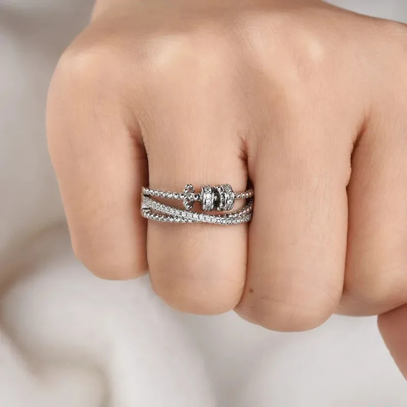 Round Bead Rotating Anxiety Luxury Woman Ring Twisted Fidget Metal Spinner Anxiety Relief Spinning Anti Stress Ring Bague Femme