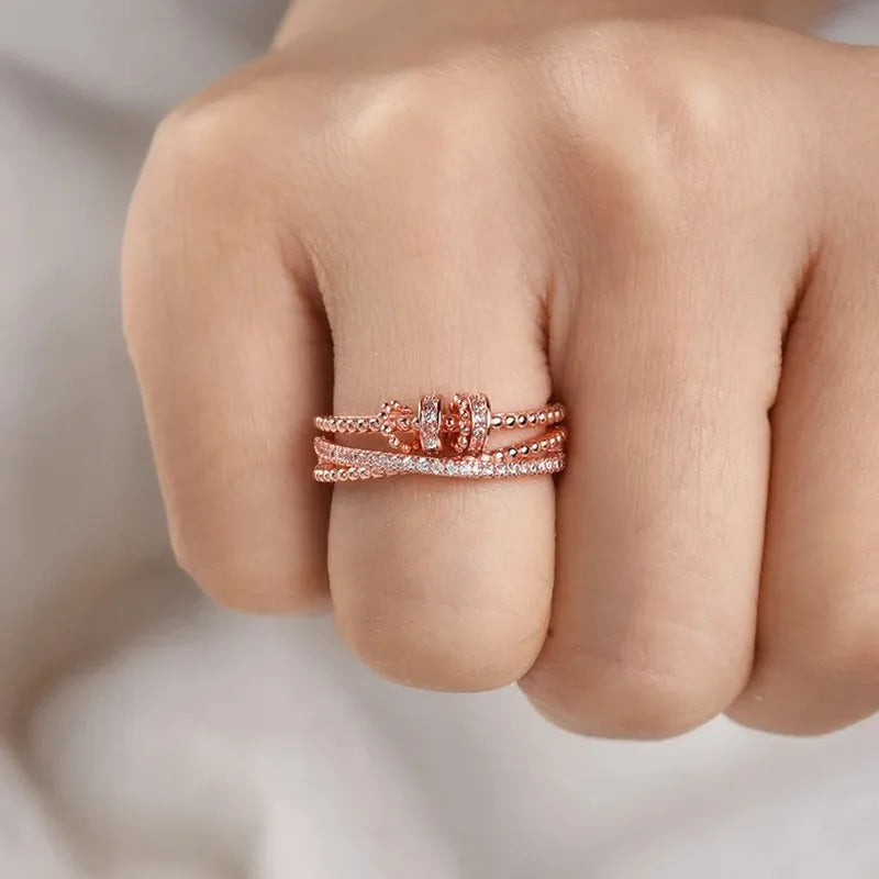 Round Bead Rotating Anxiety Luxury Woman Ring Twisted Fidget Metal Spinner Anxiety Relief Spinning Anti Stress Ring Bague Femme